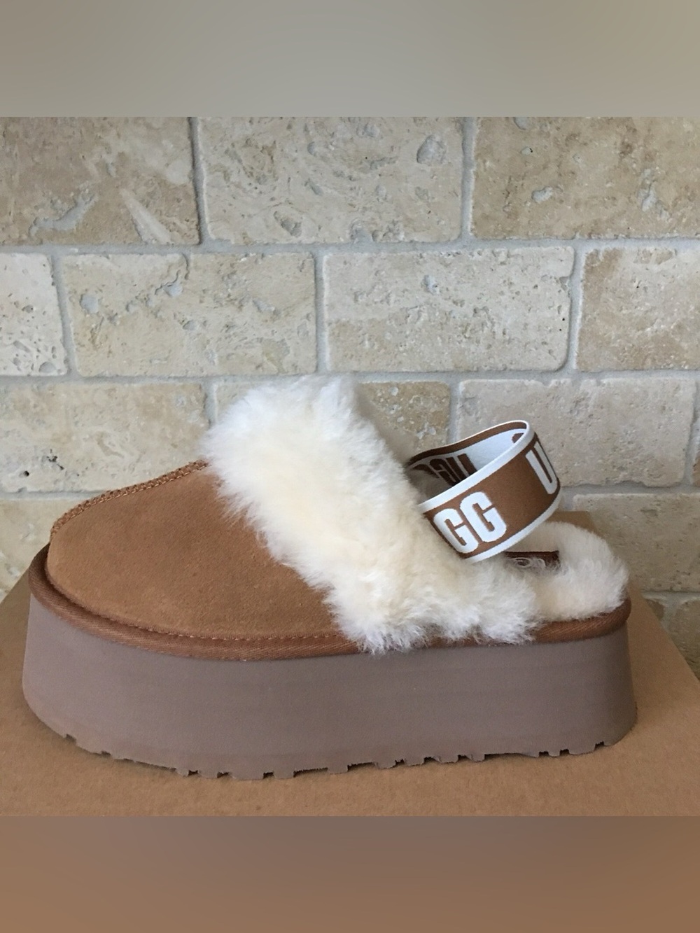 UGG Chestnut Suede Platform Slide with Cream Shearling and Branded Heel